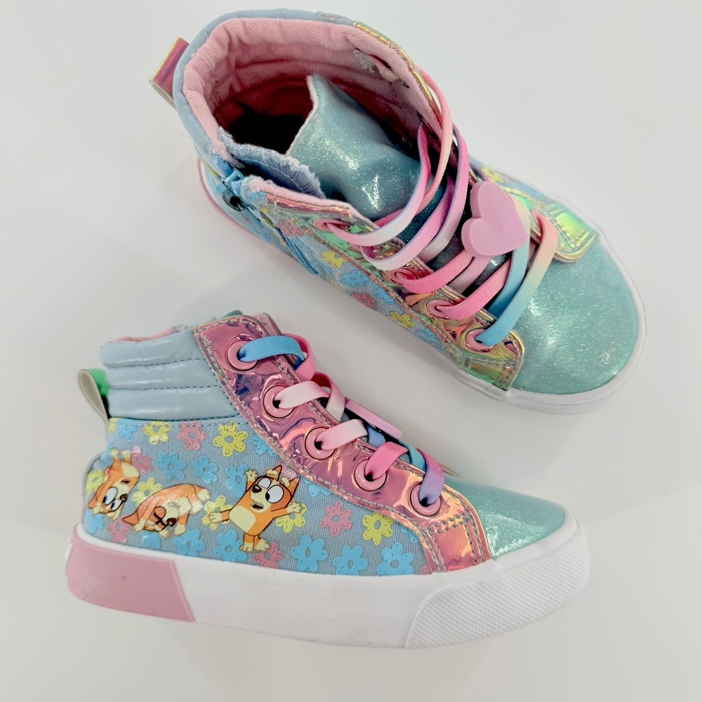 Bluey Bingo Girls High Top Sneakers Size 11 Holographic Glitter Floral Kidcore